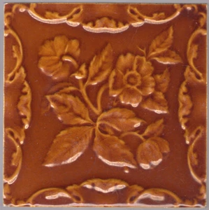 Malkin Tile Works Company - c1885 - Brown Floral - Antique Victorian 6x6 Tile - Picture 1 of 6