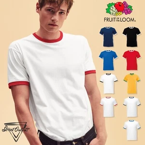 Ringer Mens T-Shirt Fruit Of The Loom Plain Short Sleeve Round Crew Neck Top Tee - Picture 1 of 17