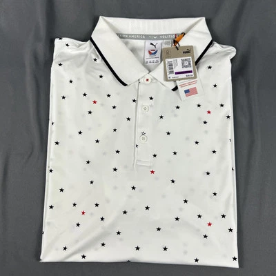 Camisa de golf Puma Polo Volition America Skylight estampado de estrellas XXL blanca precio de venta sugerido por el fabricante $80 Foto 1 de 4