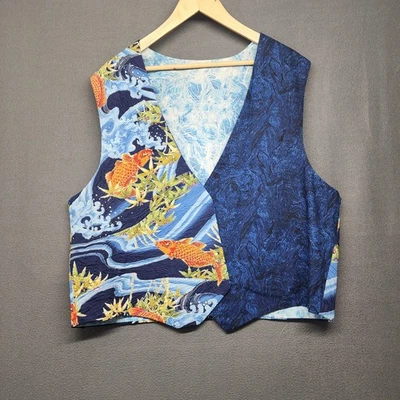 Koi Fish Waves Vest Mens XL Blue Japanese Print Open Front Lined Bamboo Handmade - Image 1 of 4