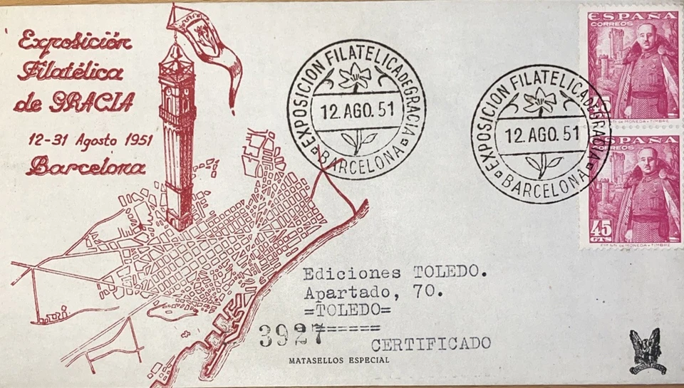 Sobre Mat esp Certif Exposición Filatélica de Gracia Barcelona - Imagen 1 de 1