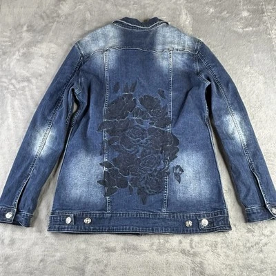 Lularoe Large Harvey Denim Jean Jacket Embroidered Black Roses Floral Dark Wash - Image 1 of 4