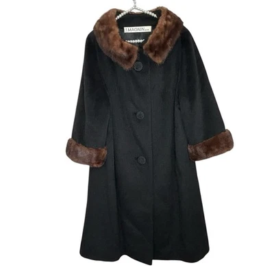Vintage I Magnin Forstmann Wool Coat Large Mink Fur Trim 1950s Swing Union Made - Image 1 of 4