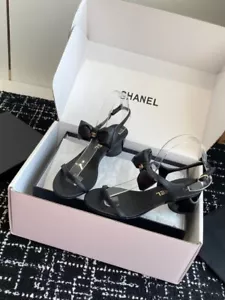 Chanel Black Leather Bow Sandals Women's 38 EU | 7.5 US - Elegant Summer Flats - Picture 1 of 8