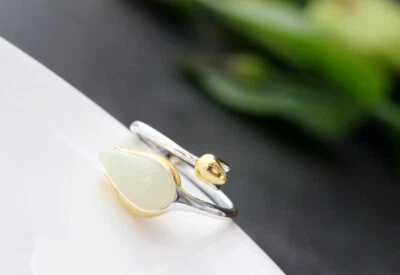 D10 Anello Blütenknospe Giada Bianco 925 Argento Sterling Misura Regolabile - Immagine 1 di 4