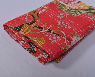 Indian Hand Block Print Floral Twin Cotton Handmade Kantha Quilt Throw Blanket - Image 1 of 4