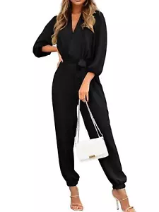 Women's Jumpsuits Casual Dressy One Piece V Neck Long Sleeve Long Pants Romper - Picture 1 of 14