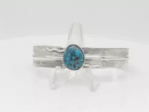 Navajo Handmade Sterling Silver Feather Bracelet and Egyptian Turquoise Stone - Picture 1 of 9
