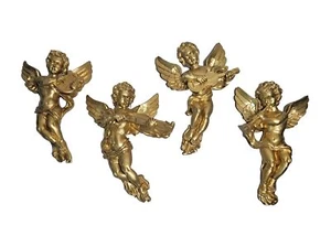 Vintage Cherub Gold Vergoldet Engel Spielen Instrumente Steinzeug Wandbehang 8"×4" - Bild 1 von 8
