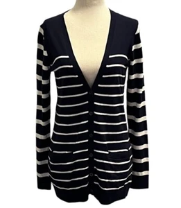 NWT GAP Womens Navy Blue White Stripe Silk Blend Button Front Cardigan Pockets S - Picture 1 of 11