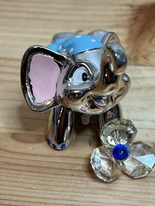 Italian Crafted Silver Elephant Trunk Up Holding Glass Flower Laying Down Pajama - Picture 1 of 12