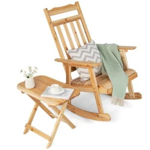 Costway 2-Piece Patio Wooden Rocking Chair Set High Backrest, Folding Side Table - Picture 1 of 7