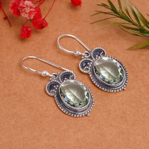 Green Amethyst Gemstone 925 Sterling Silver Jewelry Earring, Designer Earring - Picture 1 of 4