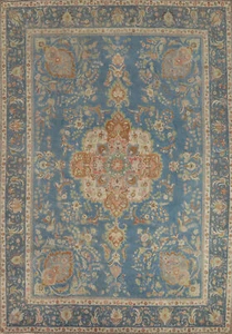 Blue Floral Tebriz Vintage Area Rug 10x13 Over-Dyed Handmade Living Room Carpet - Picture 1 of 21