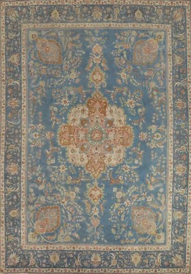 Alfombra Tebriz Vintage Floral Azul 10x13 Sobre Teñida Hecha a Mano Alfombra de Salón Foto 1 de 4