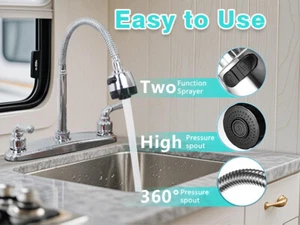 360° Chrome RV Faucet Swivel Double Handle Sink Pull Down Sprayer Mixer Tap - Picture 1 of 7
