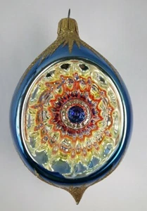 Italia Riflettore Indent Ornamento Vetro Goccia Starburst Blu Colore Oro Vintage 5" - Foto 1 di 8