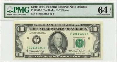 1974 $100 Federal Reserve Note Atlanta Fr# 2167-F PMG CH64 EPQ - Image 1 of 2