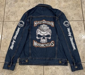VTG Mens S Fashion Harley Davidson Logos Denim Trucker Jacket Motorcycle Biker - Picture 1 of 13