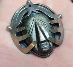 2,12" Sterlingsilber & Gold Glanz Obsidian Azteken Gesicht Brosche Taxco Mexiko - Bild 1 von 5