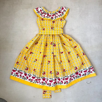 Girl's Susanne Lively Yellow Plaid Cherries Cotton Dress Ruffle Sash Sz 5 - Image 1 of 4