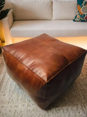LEDER OTTOMANE MAROKKANISCHER POUF BRAUN ECHTER POUFFE FUßHOCKER BOHO MAROKKANIS - Image 1 of 4