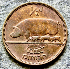 IRELAND Free State 1933 1/2 PINGIN HALFPENNY, SOW & PIGLETS Bronze km# 2 - Picture 1 of 6