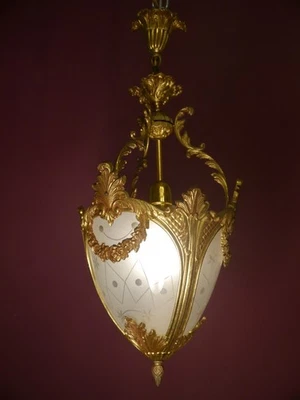 BRASS LANTERN SOLID CEILING LAMP FIXTURES CHANDELIER CUT SATINED GLASS CRYSTAL - Image 1 of 4