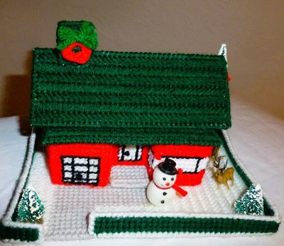 Vintage Plastic Canvas House Handmade Red/Green Completed - Image 1 of 4