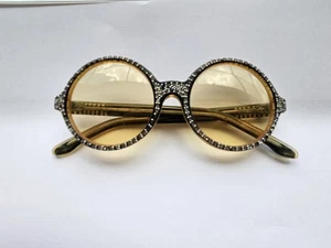 Vintage Round Sunglasses Amber/ Yellow  Elton John Style Rhinestones France - Picture 1 of 9