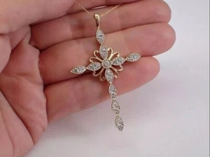 1CT Round Lab Created Diamond Cross Shape Women's Pendant 14k Rose Gold Finish - Picture 1 of 4