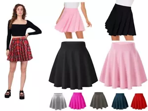 Women's Skater Mini Skirt Flared Elastic Waist Ladies Plain Stretchy Skirt - Picture 1 of 21