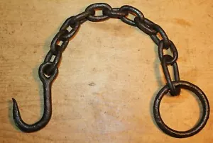 Antique Wrought Iron Hook on Length of Chain Beam Iron Ring 20" Inches - Picture 1 of 2