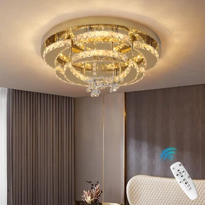 Dimmbar Kristall LED Deckenleuchte Golden Kronleuchter Wohnzimmer Fernbedienung - Bild 1 von 12