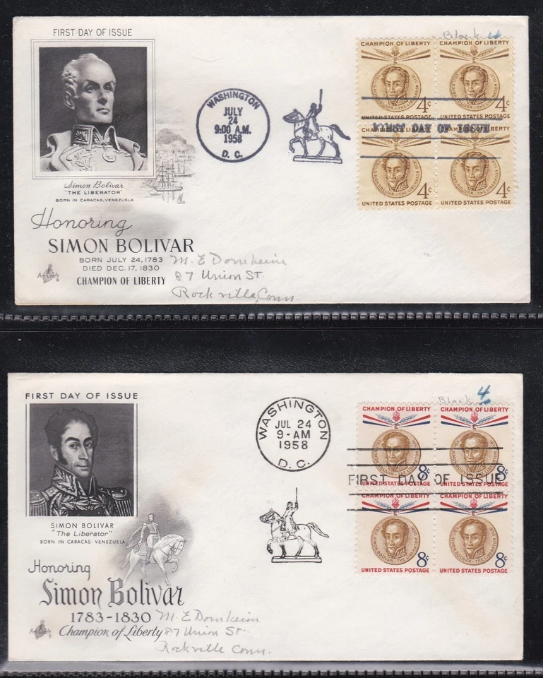 USA 2 FIRST DAY COVERS 1958 4c & 8c SIMON BOLIVAR IN BLOCKS OF 4 + CACHET - Image 1 of 1