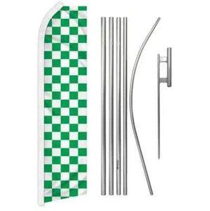 Green & White Checkered Swooper Advertising Flag & Pole Kit - Picture 1 of 9