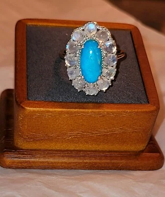 Anillo de platino sobre plata esterlina opalina peruana y piedra lunar brillante (talla 10) Foto 1 de 4