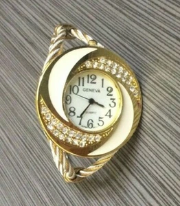 Geneva Women's Bangle Watch Gold & White Crystal Bezel White Dial on Cable Band! - Picture 1 of 2