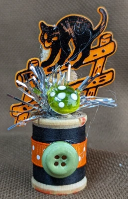 HALLOWEEN Handmade Decor with Vintage Wood Thread Spool, Mushroom, & Cake Topper - Image 1 of 4