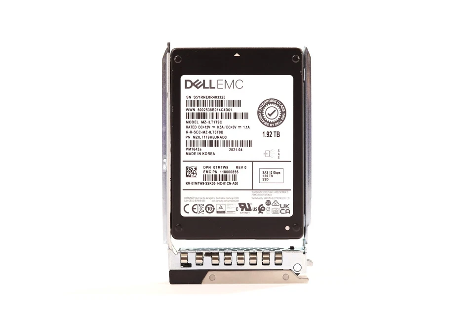 Dell MZ-ILT1T9C 1.92TB 2.5" 12Gb/s SAS SSD W/Caddy Dell P/N: 0TMTW9 Tested - Image 1 of 2