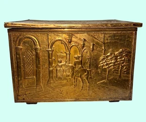 Vintage Messing geprägt Metall Holz Truhe Klapp Kamin Zunder Box 14x10x8" - Bild 1 von 15