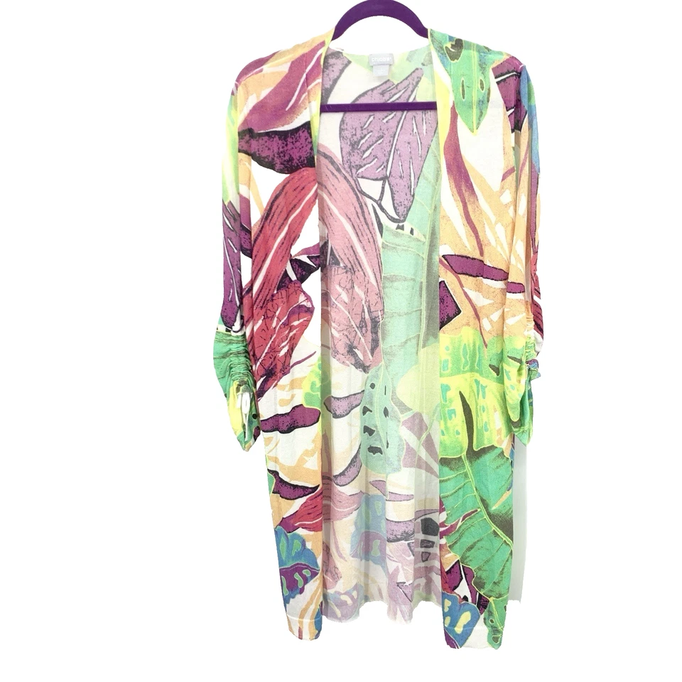 Chicos Women Size 1 Medium Cardigan Open Front Long Duster Top Green Pink Print - Image 1 of 4