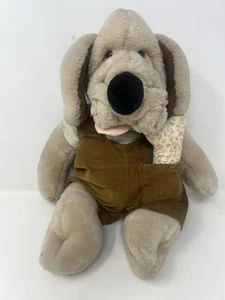 Ganz Bros 1981 WRINKLES THE DOG Plush Stuffed Puppet with brown overalls & Bone - Picture 1 of 6
