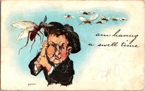 Antigua postal divertida humor cómic cara hombre picadura mosquito gigante de 1900 - Imagen 1 de 2