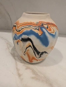 Beautiful Vintage Nemadji Pottery Swirled Orange Blue Tan Vase Jardiniere - Picture 1 of 11