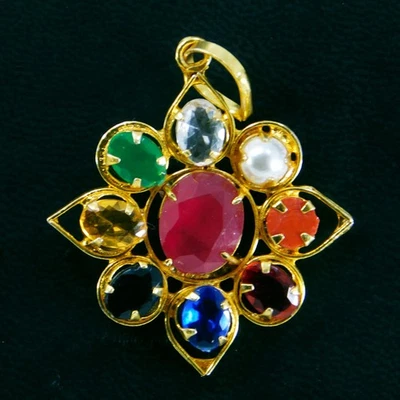 Navratna Gemstone Pendant – 9 Planet Healing Stones Handmade Gold Plated Jewelry - Image 1 of 4