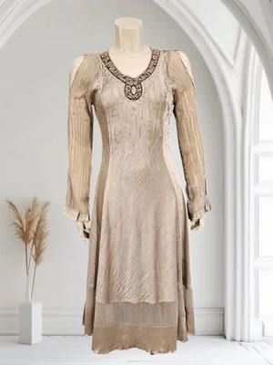 Nwt KOMAROV Beige Cold Shoulder Stretch Crinkle Midi Beaded Dress L - Image 1 of 4