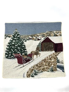 Vintage Christmas Tapestry Throw Pillow Case 17” X 16” Snow Winter Sleigh Barn - Picture 1 of 9