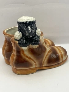 Vintage 1960's Ceramic Black & White Poodle In Pair Of Shoes Planter Flower Vase - Picture 1 of 8