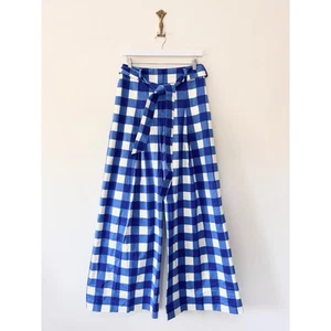 Boden Palazzo Blue Gingham Trousers Size 10 Long Wide Leg Belted Cotton Sateen - Picture 1 of 9